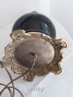Pied de lampe Napoléon III au paon, verre noir et bronze XIXe
