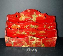Porte-lettre ancien Laque de Chine Rouge NAPOLEON III décor Japonisant XIXe