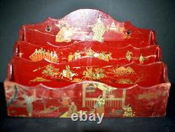 Porte-lettre ancien Laque de Chine Rouge NAPOLEON III décor Japonisant XIXe