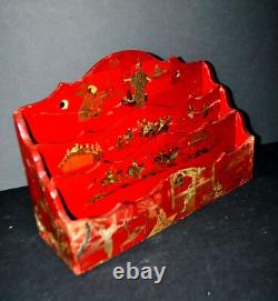 Porte-lettre ancien Laque de Chine Rouge NAPOLEON III décor Japonisant XIXe