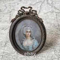 Portrait Dame Miniature Peinture Signé De Saint Just Cadre Bronze XIXè