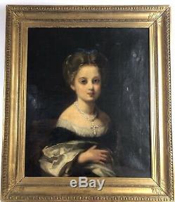 Portrait De Jeune Fille Epoque Napoleon III -xixe Siecle Huile Sur Toile