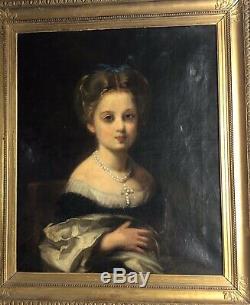 Portrait De Jeune Fille Epoque Napoleon III -xixe Siecle Huile Sur Toile
