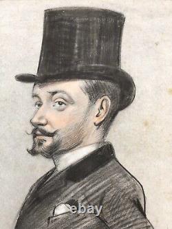 Portrait-charge, caricature XIXe. Fusain et craie, cadre Napoléon III