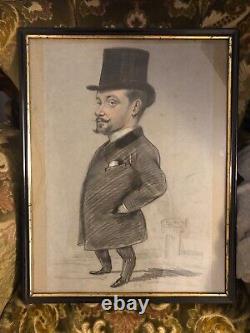 Portrait-charge, caricature XIXe. Fusain et craie, cadre Napoléon III