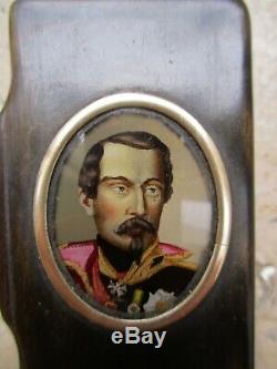 Rare TABATIÈRE XIXe peinture PORTRAIT MINIATURE Empereur Napoléon III SNUFF BOX