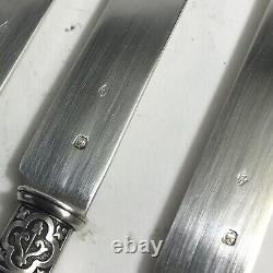 Rare XIXe 5 Luxueux couteaux lames Argent Massif Minerve Manche Ébène