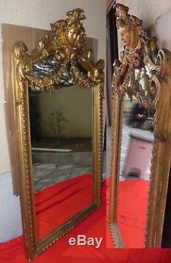 Rare antique Miroir napoleon III, style Louis XV feuille d'or, fronton, XIX eme