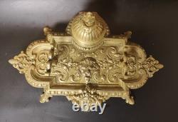 Rare encrier ancien en bronze Napoléon III Décor Lion Antique French Inkwell XIX