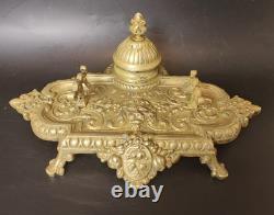 Rare encrier ancien en bronze Napoléon III Décor Lion Antique French Inkwell XIX