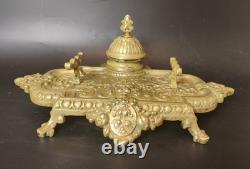 Rare encrier ancien en bronze Napoléon III Décor Lion Antique French Inkwell XIX