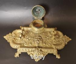 Rare encrier ancien en bronze Napoléon III Décor Lion Antique French Inkwell XIX