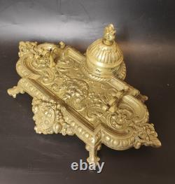 Rare encrier ancien en bronze Napoléon III Décor Lion Antique French Inkwell XIX