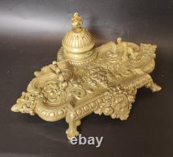 Rare encrier ancien en bronze Napoléon III Décor Lion Antique French Inkwell XIX