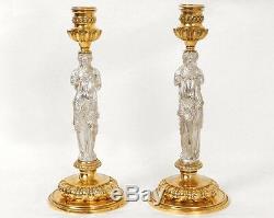 Rare paire bougeoirs bronze caryatide antique Barbedienne candlesticks XIXè
