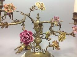Rare paire chandeliers XIXe 19° Marbre Bronze Fleurs porcelaine Saxe Napoléon 3