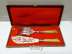 SERVICE A POISSON ou GATEAUX NAPOLEON III Lames métal argenté Manches CORNE XIXe
