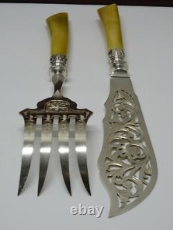 SERVICE A POISSON ou GATEAUX NAPOLEON III Lames métal argenté Manches CORNE XIXe