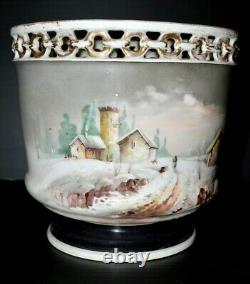 -SUPERBE CACHE POT PORCELAINE XIXe Napoléon III NIII décor Hivernal rehaut émail