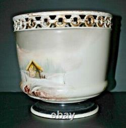 -SUPERBE CACHE POT PORCELAINE XIXe Napoléon III NIII décor Hivernal rehaut émail