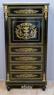 Secrétaire De Dame Napoléon III En Bois Laqué Noir Et Marqueterie De Laiton XIX