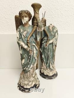 Statues anges XIXe Napoléon III plâtre polychrome à restaurer déco église