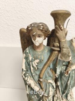 Statues anges XIXe Napoléon III plâtre polychrome à restaurer déco église