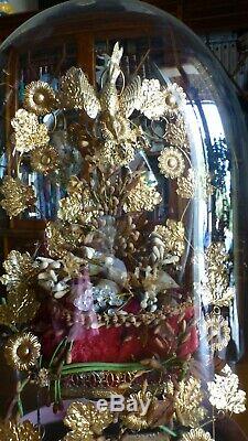 Superbe Globe de Mariée XIXe NAPOLEON III Verre soufflé, ruban, fleurs cire