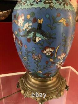 Superbe Lampe Émail Cloisonné Décor Oiseaux et Floral Monture Bronze XIXe