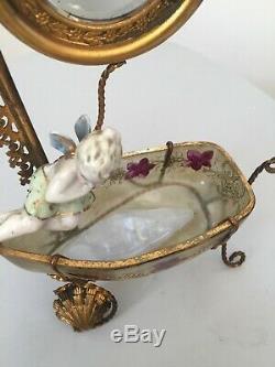 Superbe ancien baguier porte montre gousset XIXe Napoléon III porcelaine verre