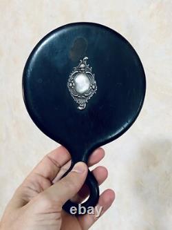Superbe miroir ancien à main Ébène & argent Napoléon III XIXe siècle