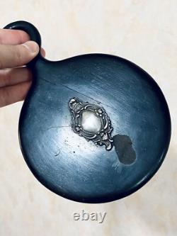 Superbe miroir ancien à main Ébène & argent Napoléon III XIXe siècle