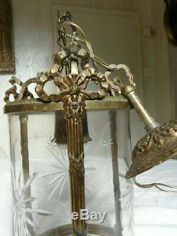Suspension Lustre Lanterne Bronze & Verre Grave Napoleon III XIX Eme Chandelier
