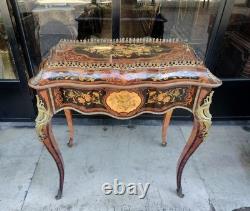 Table De Jardin Ancienne. Style Napoléon Iii. Marqueterie De Bois Et Laiton. Xixe