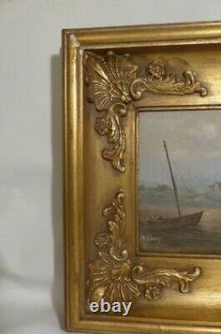 Tableau marine époque XIXe siècle- huile sur bois signé- bateau-phare-mer-oiseau