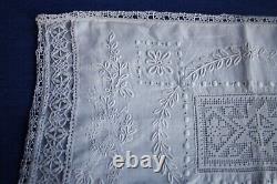 Taie d'oreiller ancienne broderie dentelle linon XIXe Napoléon III 55 x 31 cm