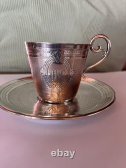 Trés Belle Tasse+ Sous Tasse à Café XIX Napoléon III Guilloché En Argent Massif