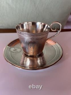 Trés Belle Tasse+ Sous Tasse à Café XIX Napoléon III Guilloché En Argent Massif