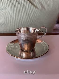 Trés Belle Tasse+ Sous Tasse à Café XIX Napoléon III Guilloché En Argent Massif