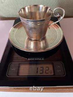 Trés Belle Tasse+ Sous Tasse à Café XIX Napoléon III Guilloché En Argent Massif