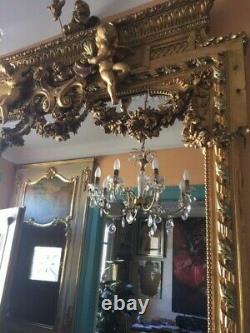 Très grand Miroir Mural décoratif Doré Baroque aux anges, XIX