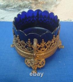 V64 Jardinière Bronze Verrine Verre Bleu Coupe Napoléon III centre table XIXe