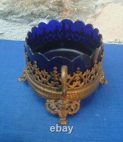 V64 Jardinière Bronze Verrine Verre Bleu Coupe Napoléon III centre table XIXe