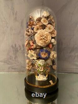Vase bouquet mariée sous globe cylindrique socle bois noirci XIXe Napoléon III