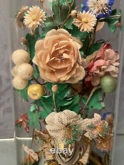 Vase bouquet mariée sous globe cylindrique socle bois noirci XIXe Napoléon III