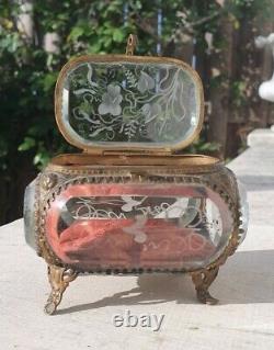 XIXe Napoleon III Boite à Bijoux Coffret Verre Gravé Victorian Jewel Box 19th